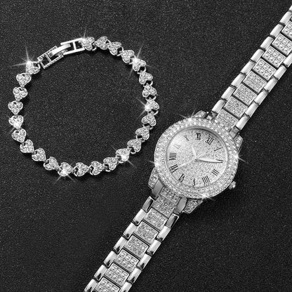 2pcs/set Women’s Stainless Steel Band Diamond Quartz Watch & Bracelet Set