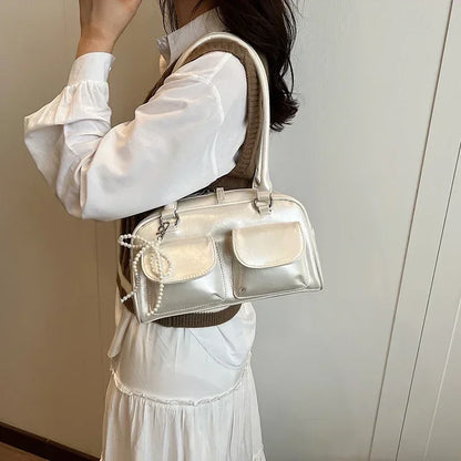 Solid Sewing Thread Fashion Glossy PU Shoulder Bags