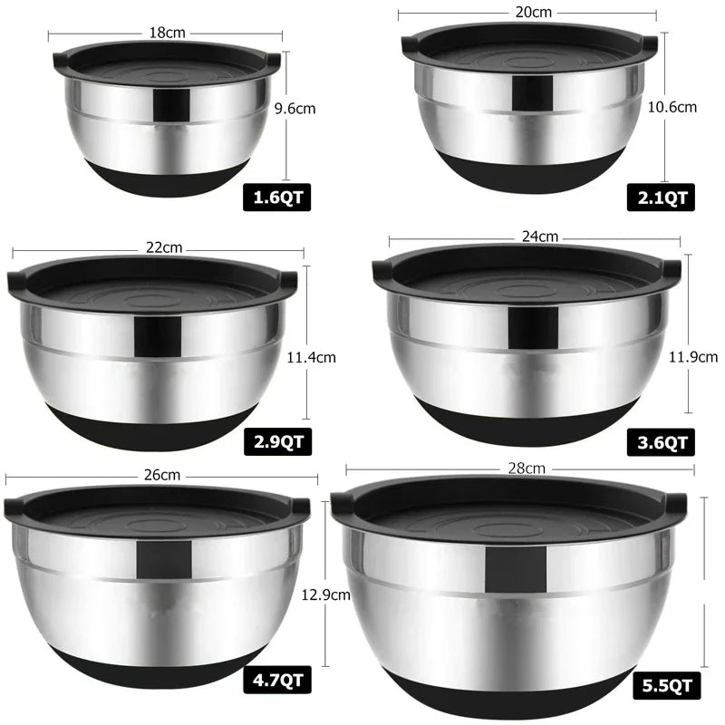 6-Piece Stainless Steel Mixing Bowls with Lids & Non-Slip Bases