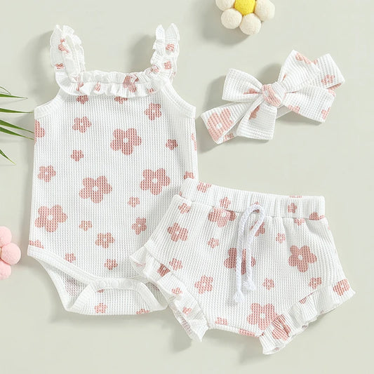 Baby Girl 3-Piece Summer Outfit – Floral Sleeveless Romper + Shorts + Headband (0–18 Months)