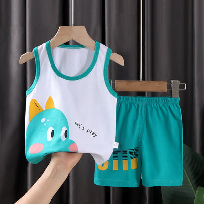 2PCS Baby & Kids Summer Outfit – Cotton Sleeveless T-Shirt + Shorts Set for Boys & Girls