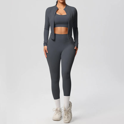 3-Piece Women's Sportswear Yoga Set – Zipper Jacket, Sports Bra & Leggings