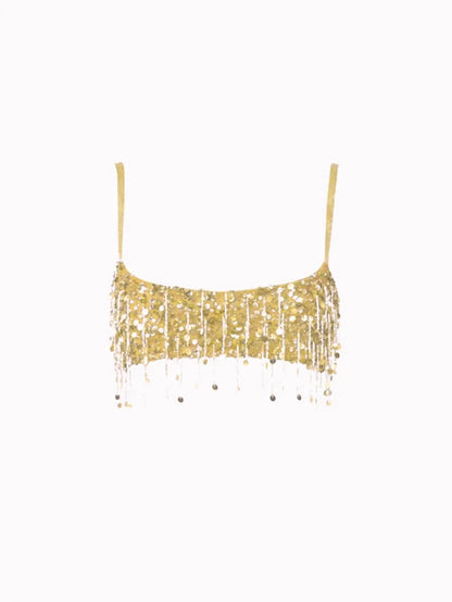 2025 Spring Summer Sexy Beach Tassel Skirt Set – Sequin Backless Sleeveless Ibiza Festival Outfit