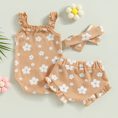 Baby Girl 3-Piece Summer Outfit – Floral Sleeveless Romper + Shorts + Headband (0–18 Months)