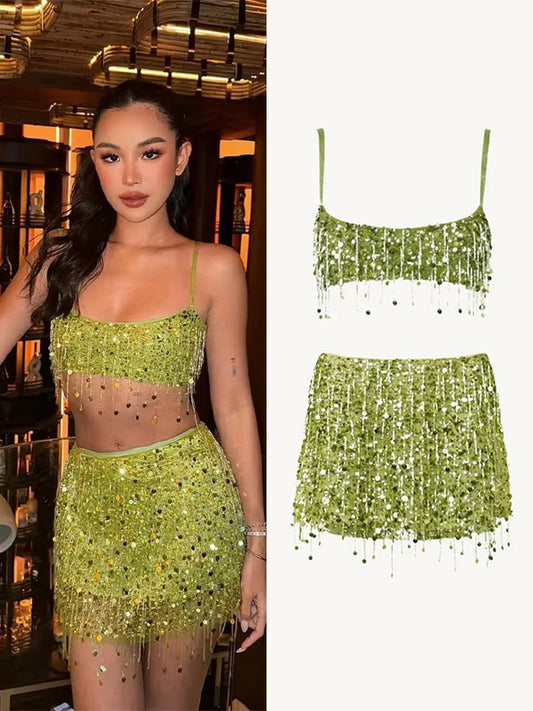 2025 Spring Summer Sexy Beach Tassel Skirt Set – Sequin Backless Sleeveless Ibiza Festival Outfit