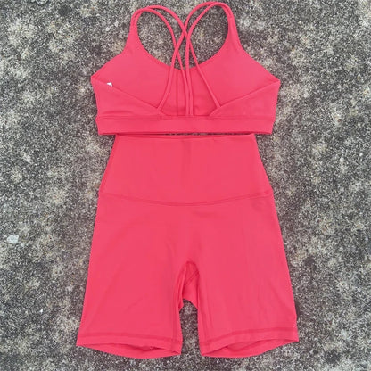 2-Piece Solid Color Gym & Yoga Set – Cross-Back Sports Bra + Biker Shorts