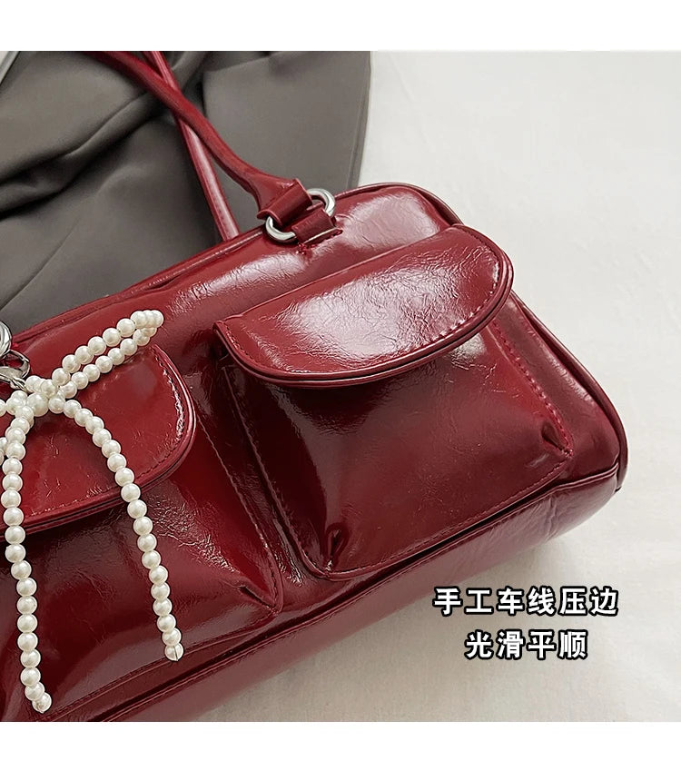 Solid Sewing Thread Fashion Glossy PU Shoulder Bags