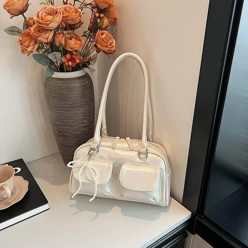 Solid Sewing Thread Fashion Glossy PU Shoulder Bags