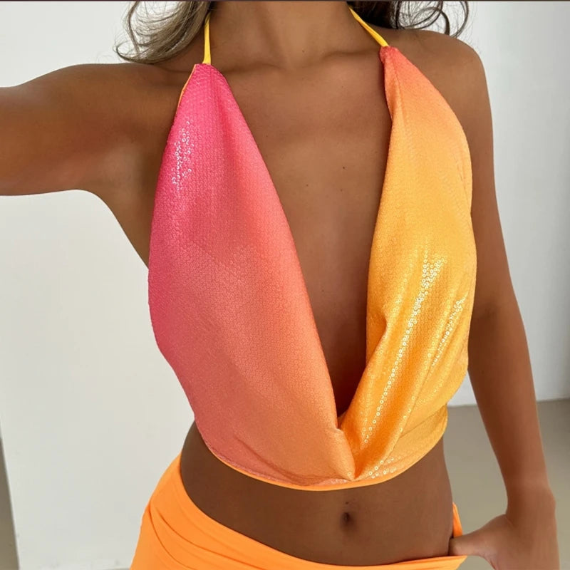 2025 Summer Colorful Sequin Halter Set – Plunge-Neck Sleeveless Vest & Bodycon Mini Skirt