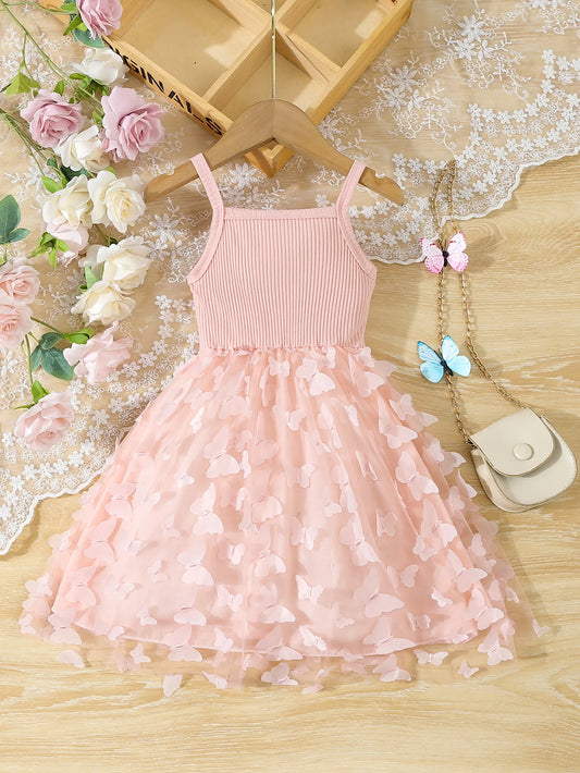 Summer Toddler & Kids Girl’s Butterfly Decor Mesh Splicing Cami Dress