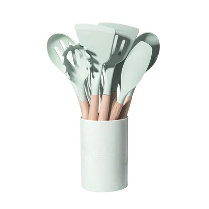 12 pcs Set of Multi-color Silicone Wooden Handle Kitchenware