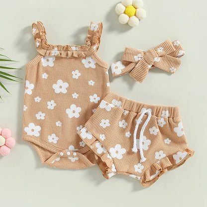 Baby Girl 3-Piece Summer Outfit – Floral Sleeveless Romper + Shorts + Headband (0–18 Months)