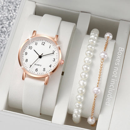 3pcs/set Fashion Women Leather Strap Quartz Watch & Pearl Bracelet Set