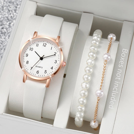 3pcs/set Fashion Women Leather Strap Quartz Watch & Pearl Bracelet Set