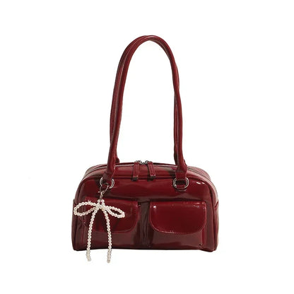 Solid Sewing Thread Fashion Glossy PU Shoulder Bags