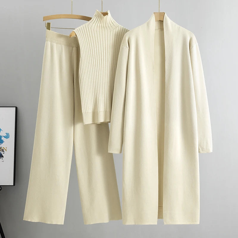 Spring Autumn Women’s 3-Piece Cardigan Tracksuit – Vintage-Inspired Knitted Sweater & Pants Set