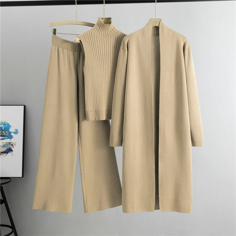 Spring Autumn Women’s 3-Piece Cardigan Tracksuit – Vintage-Inspired Knitted Sweater & Pants Set