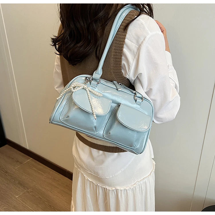 Solid Sewing Thread Fashion Glossy PU Shoulder Bags