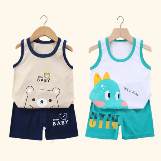 2PCS Baby & Kids Summer Outfit – Cotton Sleeveless T-Shirt + Shorts Set for Boys & Girls