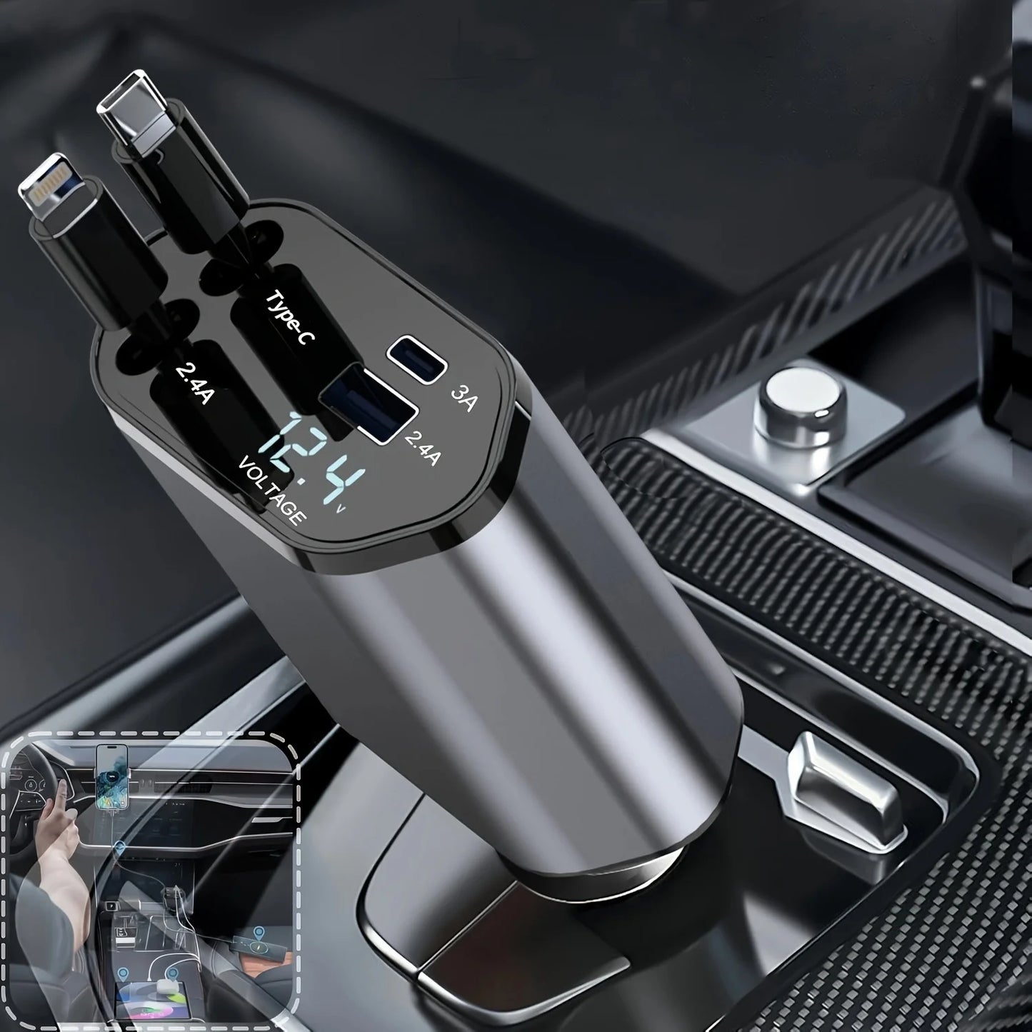 4-in-1 120W Retractable Car Charger with USB Type-C Cable