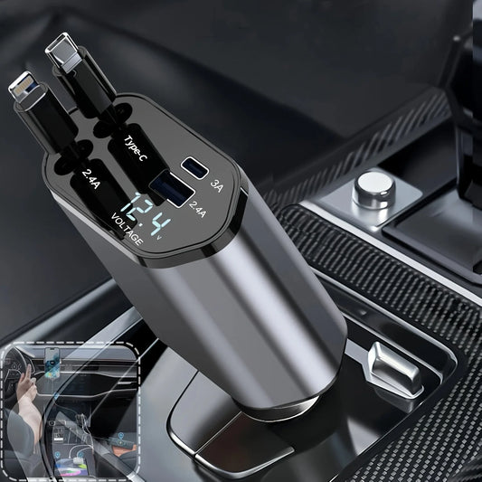 4-in-1 120W Retractable Car Charger with USB Type-C Cable