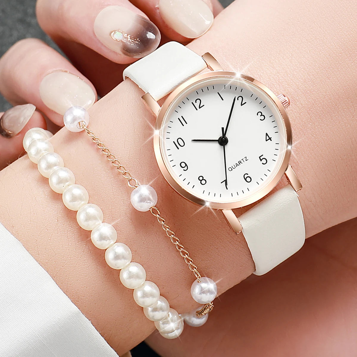 3pcs/set Fashion Women Leather Strap Quartz Watch & Pearl Bracelet Set