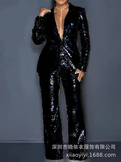 Women’s Two-Piece Sequin Blazer & Wide-Leg Pants Set – Slim Fit Casual Suit