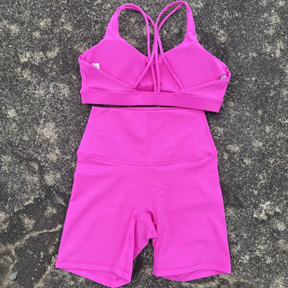2-Piece Solid Color Gym & Yoga Set – Cross-Back Sports Bra + Biker Shorts