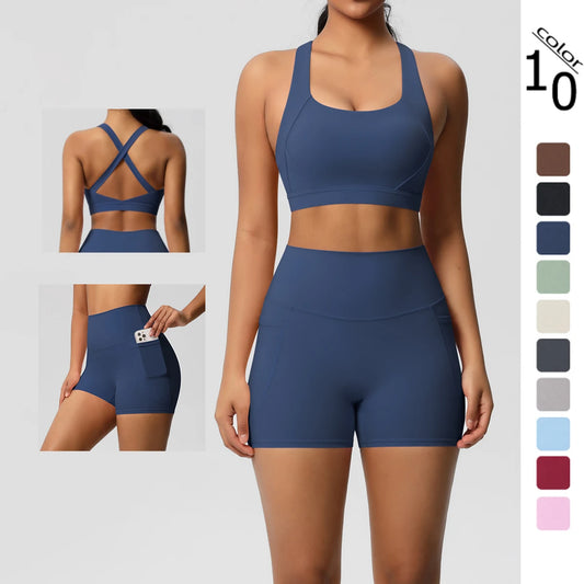 2PCS Women’s Yoga Set with Pockets – Crossover Bra & Sports Shorts / Leggings Gym Outfit