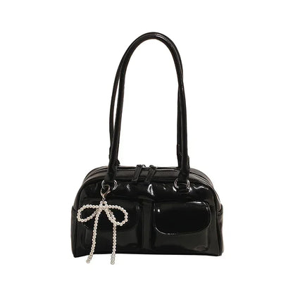 Solid Sewing Thread Fashion Glossy PU Shoulder Bags