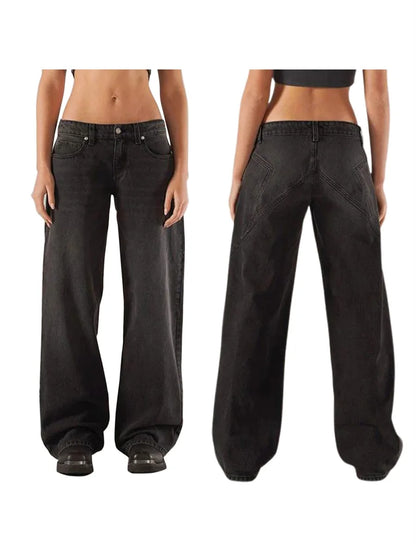 Women’s Y2K Vintage Gradient Jeans – Low Waist Wide-Leg Denim with Pockets