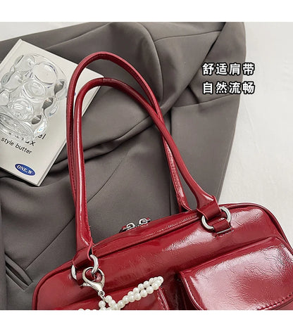 Solid Sewing Thread Fashion Glossy PU Shoulder Bags