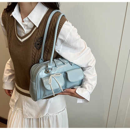 Solid Sewing Thread Fashion Glossy PU Shoulder Bags