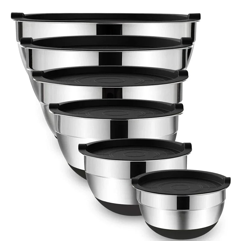 6-Piece Stainless Steel Mixing Bowls with Lids & Non-Slip Bases