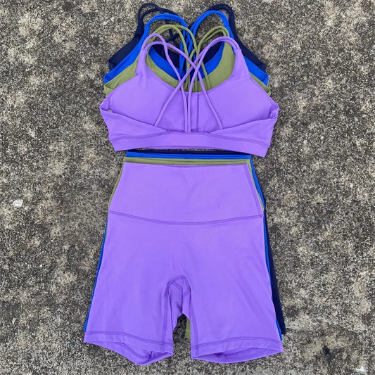 2-Piece Solid Color Gym & Yoga Set – Cross-Back Sports Bra + Biker Shorts