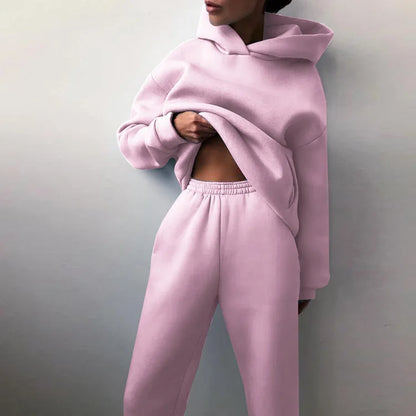 Women’s 2-Piece Leisure Sports Set – Autumn/Winter Fleece Hooded Suit