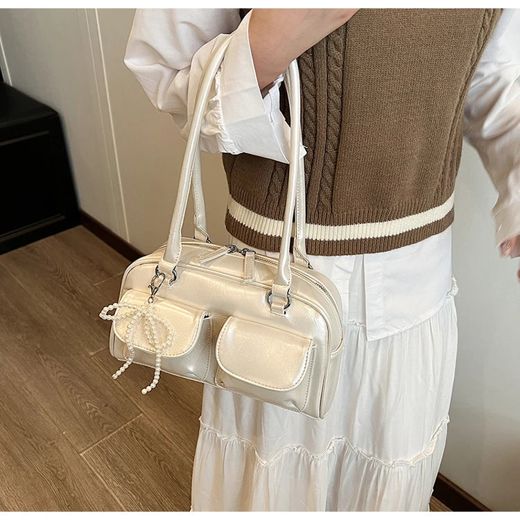 Solid Sewing Thread Fashion Glossy PU Shoulder Bags
