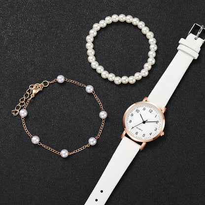 3pcs/set Fashion Women Leather Strap Quartz Watch & Pearl Bracelet Set