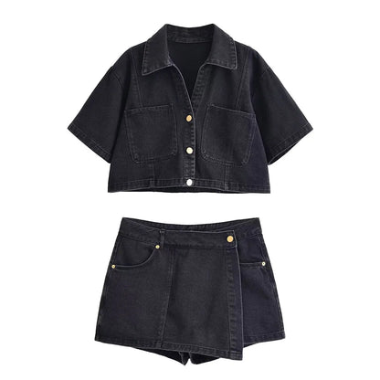 2025 Summer Women’s Casual Denim Set – Short Shirt Top & Mini Skirt Shorts 2-Piece Outfit