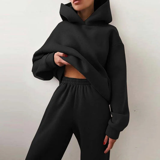 Women’s 2-Piece Leisure Sports Set – Autumn/Winter Fleece Hooded Suit
