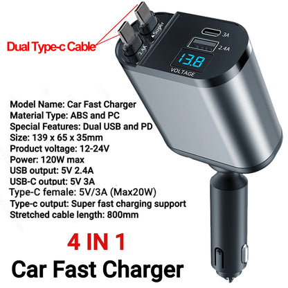 4-in-1 120W Retractable Car Charger with USB Type-C Cable