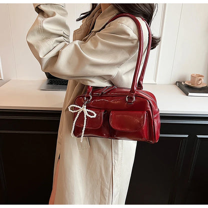 Solid Sewing Thread Fashion Glossy PU Shoulder Bags