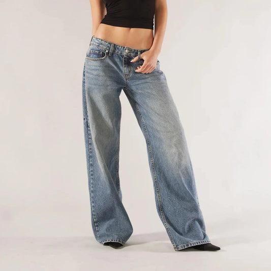 Women’s Y2K Vintage Gradient Jeans – Low Waist Wide-Leg Denim with Pockets