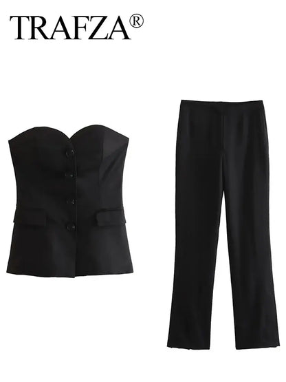 Elegant Women’s Strapless Pant Suit – Button-Up Top & Side-Slit Trousers