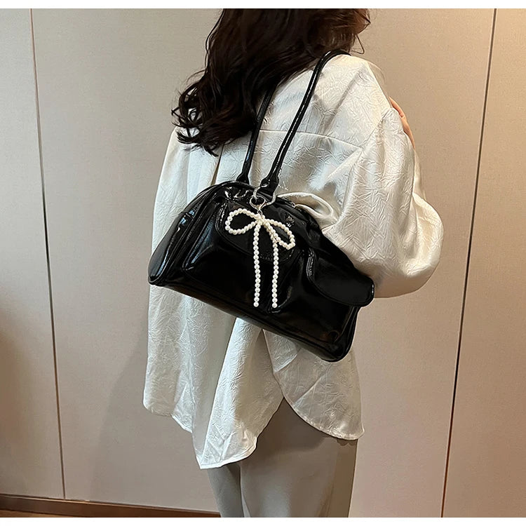 Solid Sewing Thread Fashion Glossy PU Shoulder Bags