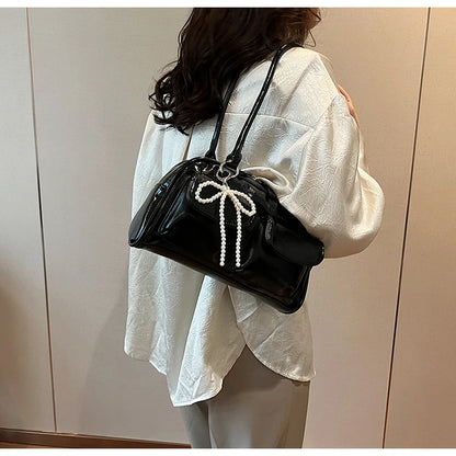 Solid Sewing Thread Fashion Glossy PU Shoulder Bags