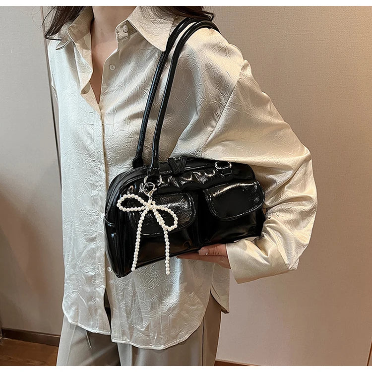 Solid Sewing Thread Fashion Glossy PU Shoulder Bags