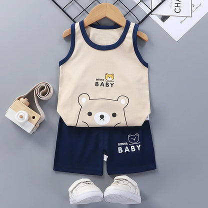 2PCS Baby & Kids Summer Outfit – Cotton Sleeveless T-Shirt + Shorts Set for Boys & Girls