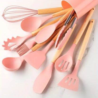 12 pcs Set of Multi-color Silicone Wooden Handle Kitchenware
