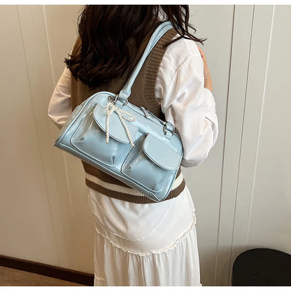 Solid Sewing Thread Fashion Glossy PU Shoulder Bags